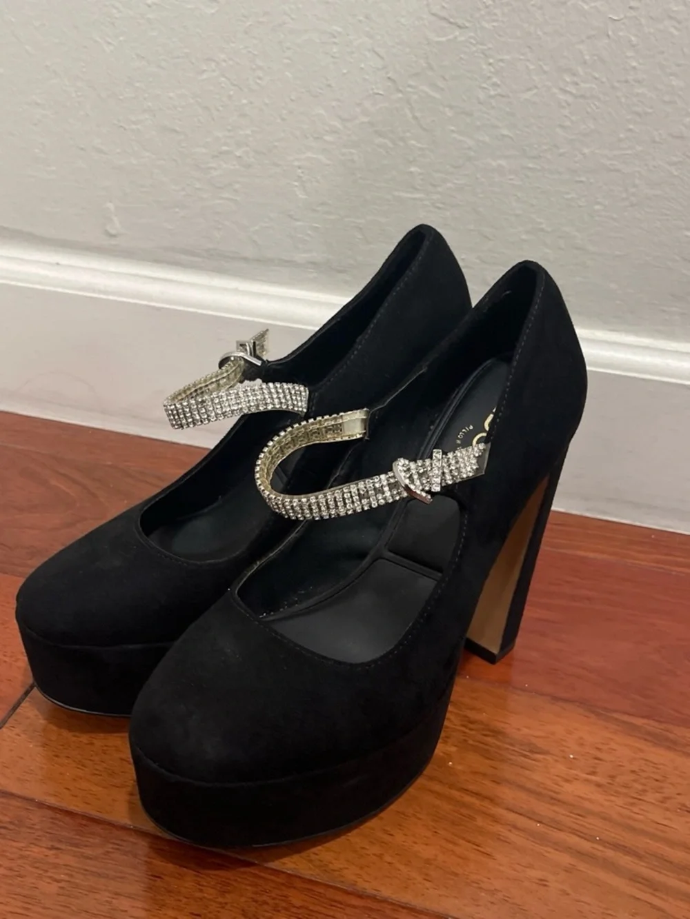 Aldo Black Suede Platform Pumps with Crystal Strap